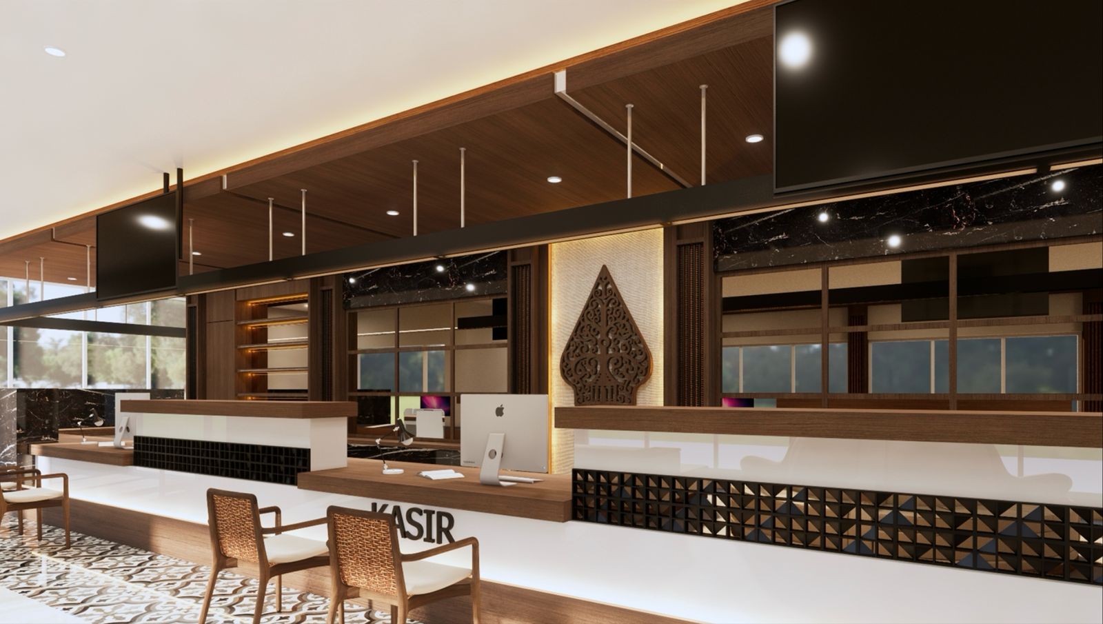 Visualisasi desain ruang layanan: meja layanan panjang, panel kayu, pencahayaan tersembunyi