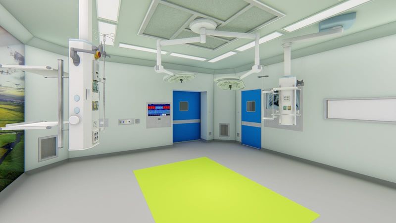 Render ruang operasi modular dengan pintu hermetik dan penanda area steril